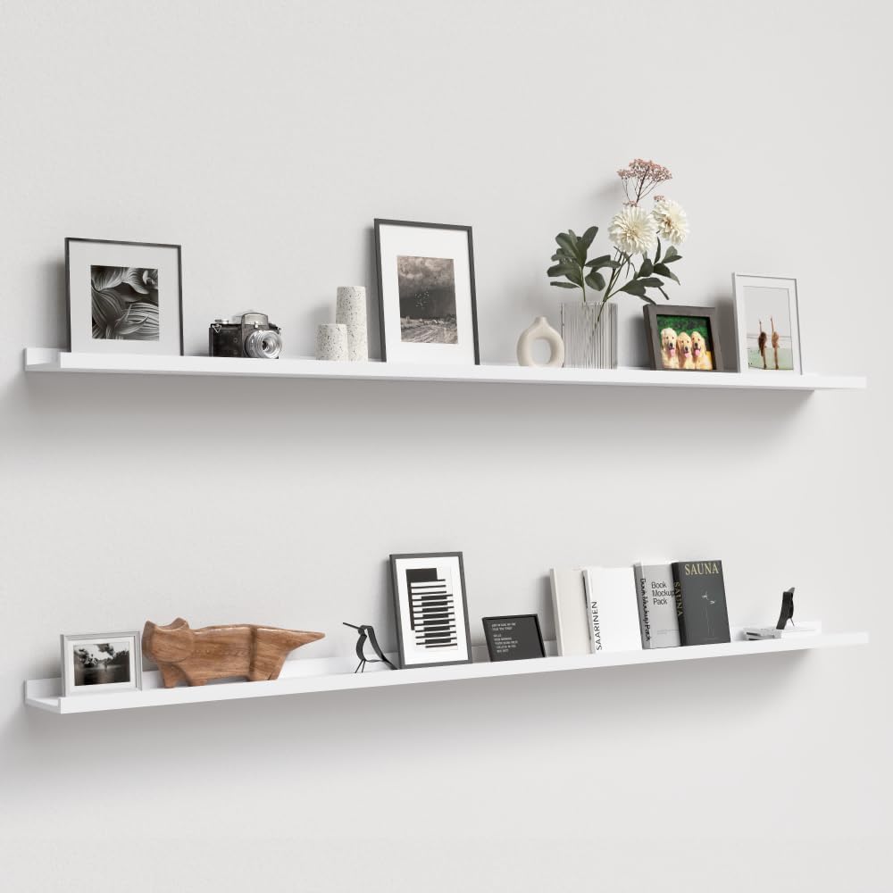 Floating Shelves Wall Mounted Set of 2, Modern White Shelves for Bedroom, Nursery Shelves with Lip, Display Picture Ledge Shelf for Wall Decor Living Room Bathroom Kitchen - White