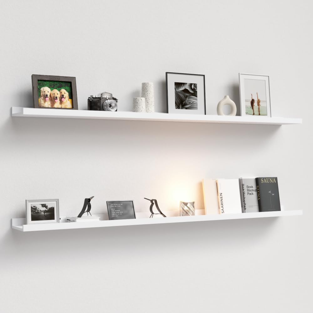 Floating Shelves Wall Mounted Set of 2, Modern White Shelves for Bedroom, Nursery Shelves with Lip, Display Picture Ledge Shelf for Wall Decor Living Room Bathroom Kitchen - White