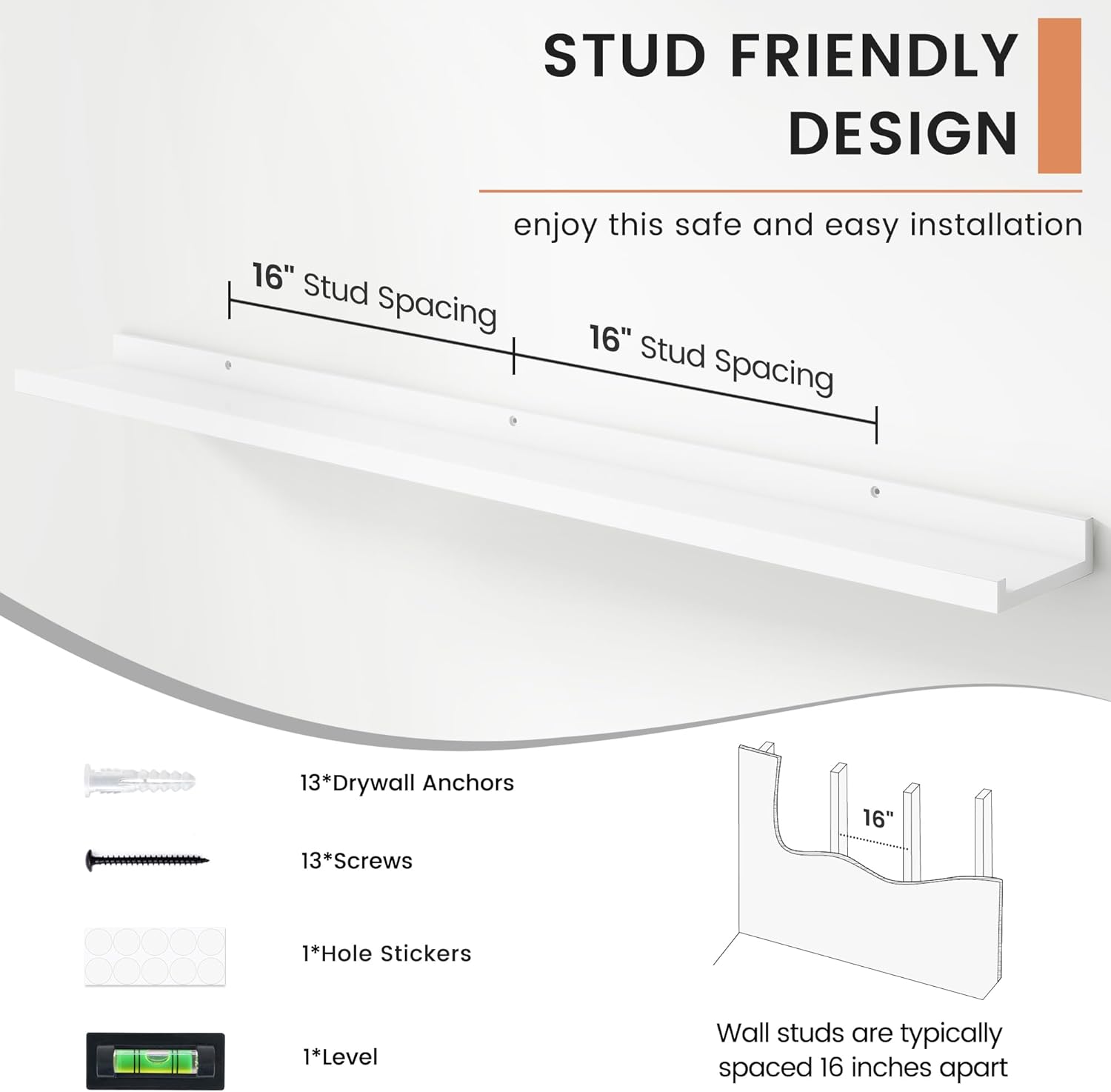 Floating Picture Ledge Shelves Set of 4, 48 Inch Shelves with Lip - Large Nursery Book Shelf for Toys Storage, Kids Bookshelf Wall Mounted Living Room Bedroom Decor Frames