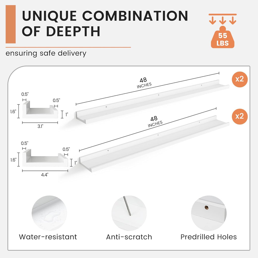 Floating Picture Ledge Shelves Set of 4, 48 Inch Shelves with Lip - Large Nursery Book Shelf for Toys Storage, Kids Bookshelf Wall Mounted Living Room Bedroom Decor Frames