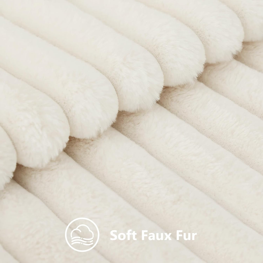 decorUhome Cozy Faux Fur Spring Throw Pillow Covers 18x18 Set of 2 Decorative Soft Plush Striped Modern Farmhouse Boho Couch Pillow Cases with Velvet Back for Sofa Bed Living Room, Cream White