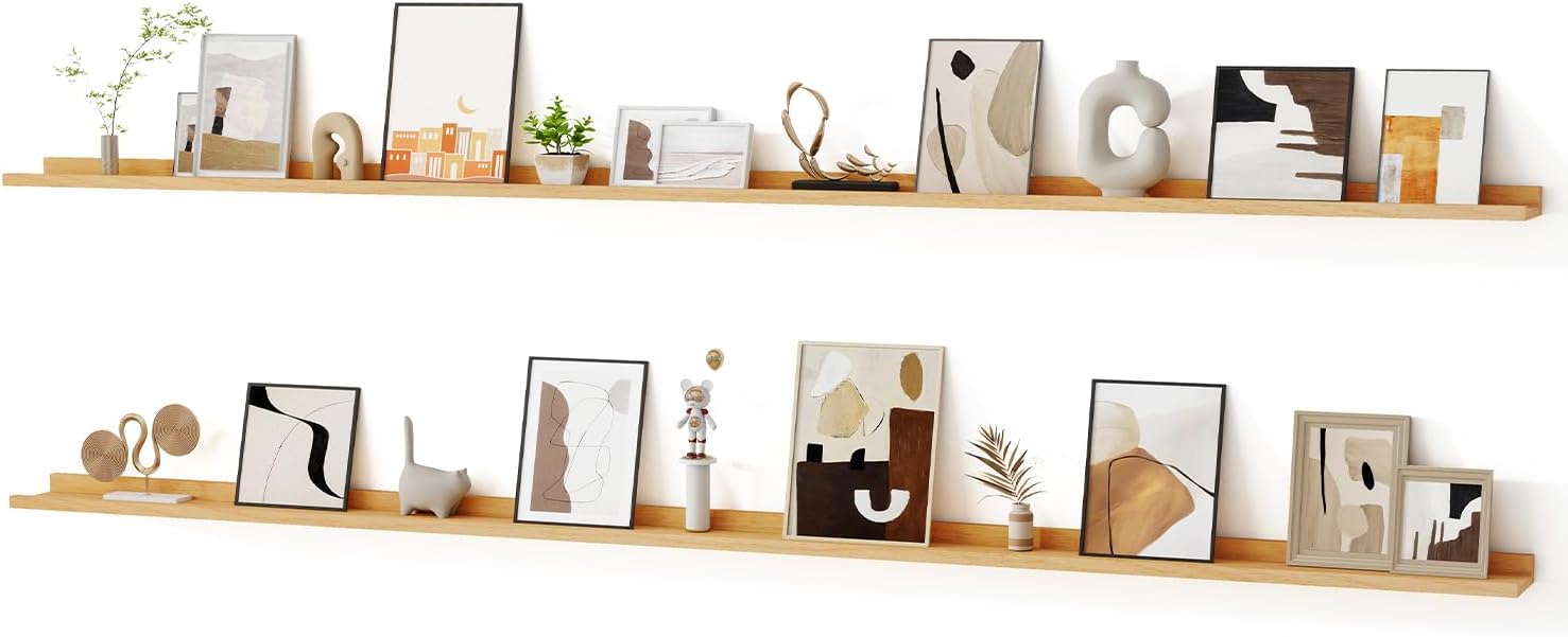 Fun Memories Picture Ledge Shelf for Wall, Floating Shelves Set of 4, 24 Inch Long Nursery Book Shelves for Toys Storage, Kids Bookshelf Wall Mounted for Books Photo Frames, Oak