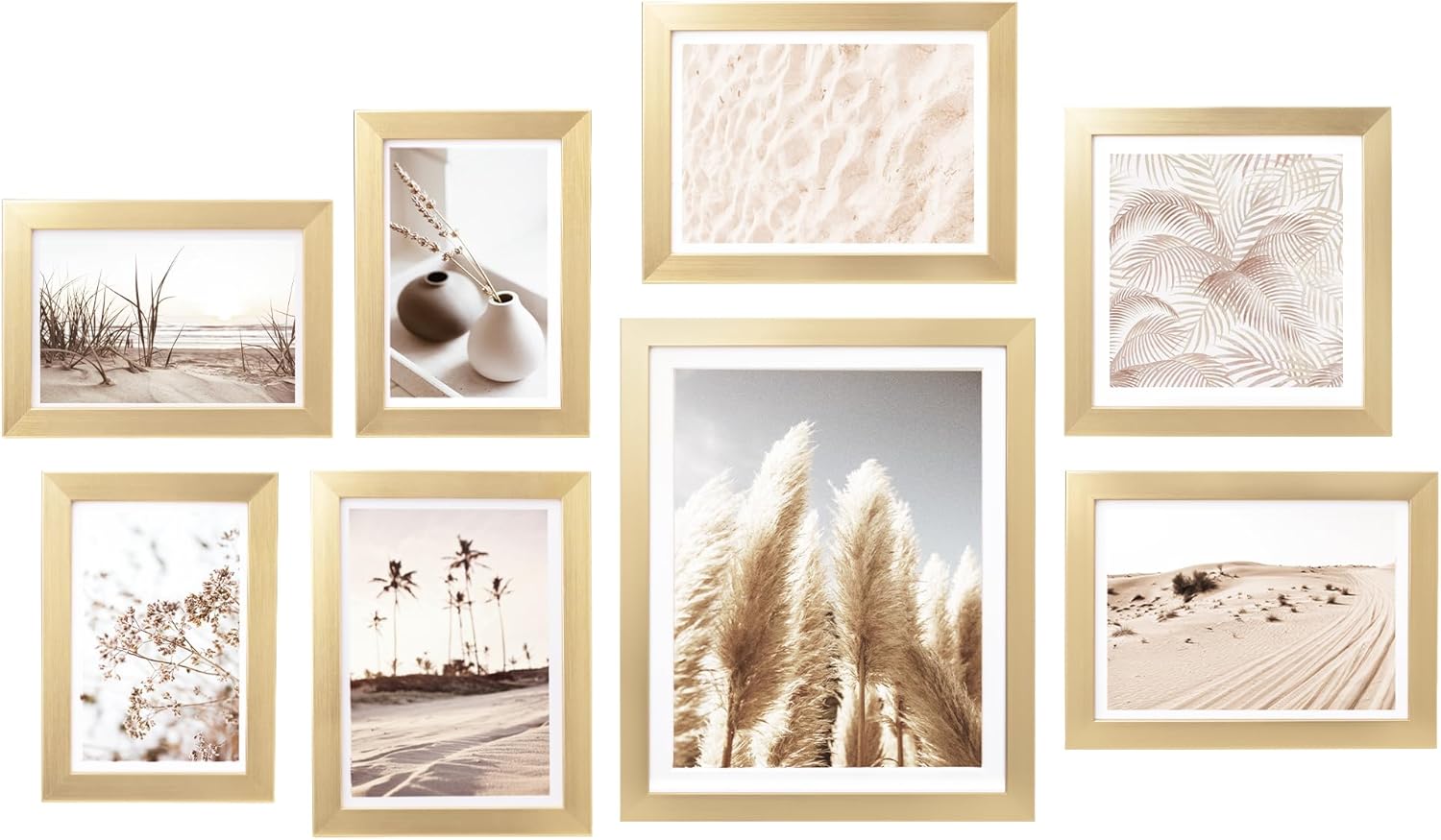 ArtbyHannah Gallery Wall Frame Set, 8 Pack Picture Frames Collage Wall Decor with Neutral Pampas Grass Art for Living Room, Assorted Size Including 11"x14", 8"x10", 5"x7"(Beige Frame)