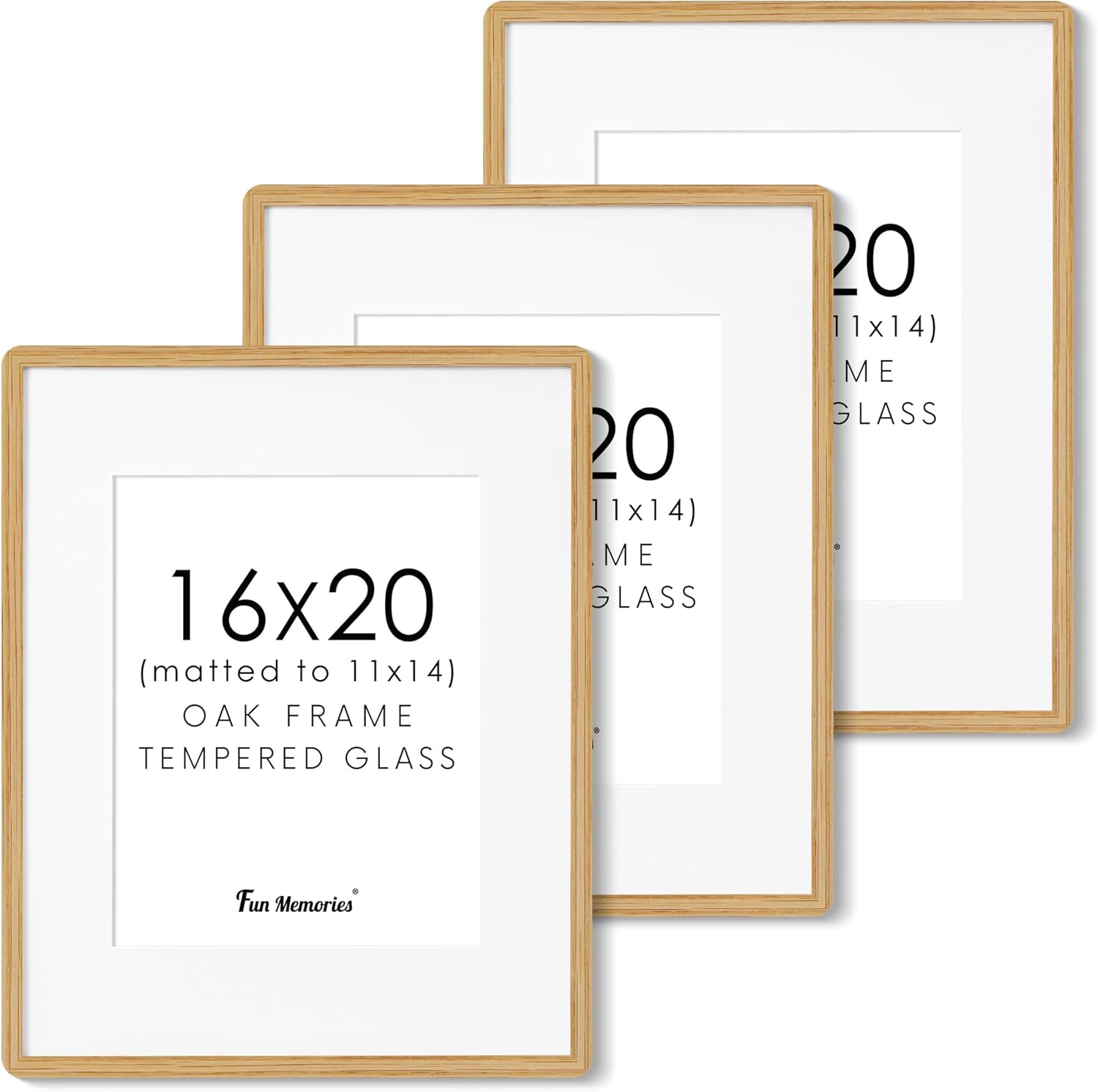 Fun Memories 11x14 Wood Picture Frame, Set of 3, Natural Oak Frame 11 x 14 with Tempered Glass, 8x10 Matted to Wood, Farmhousr Rustic Wooden Poster 11x14, Walnut Color