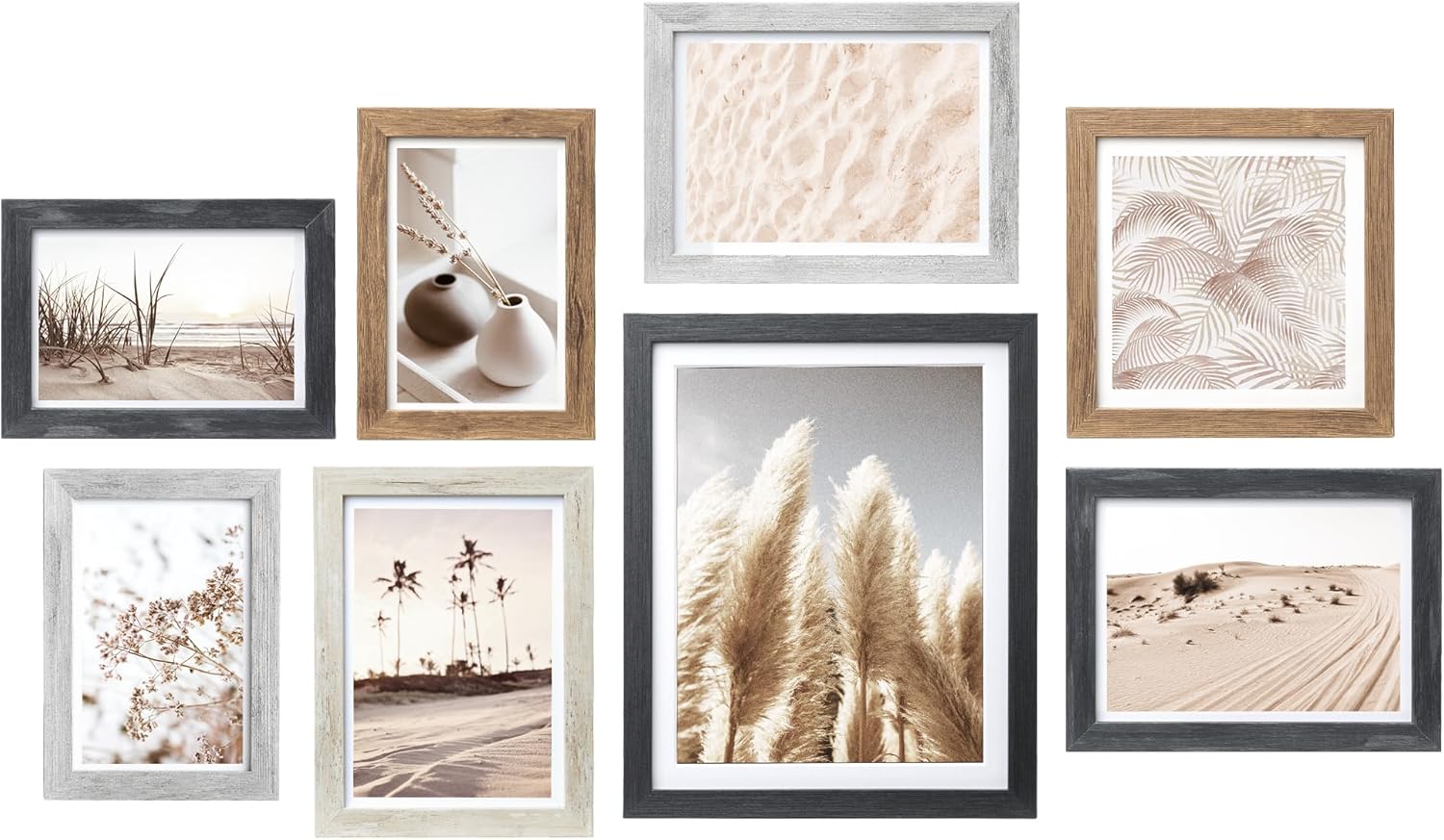 ArtbyHannah Gallery Wall Frame Set, 8 Pack Picture Frames Collage Wall Decor with Neutral Pampas Grass Art for Living Room, Assorted Size Including 11"x14", 8"x10", 5"x7"(Beige Frame)