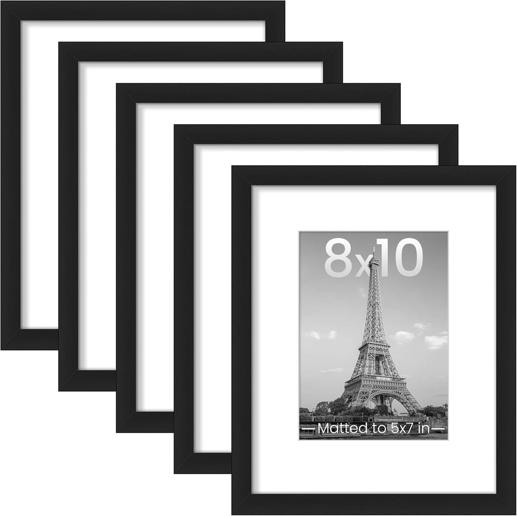 upsimples 11x14 Picture Frame Set of 5, Display Pictures 8x10 with Mat or 11x14 Without Mat, Wall Gallery Photo Frames, Black