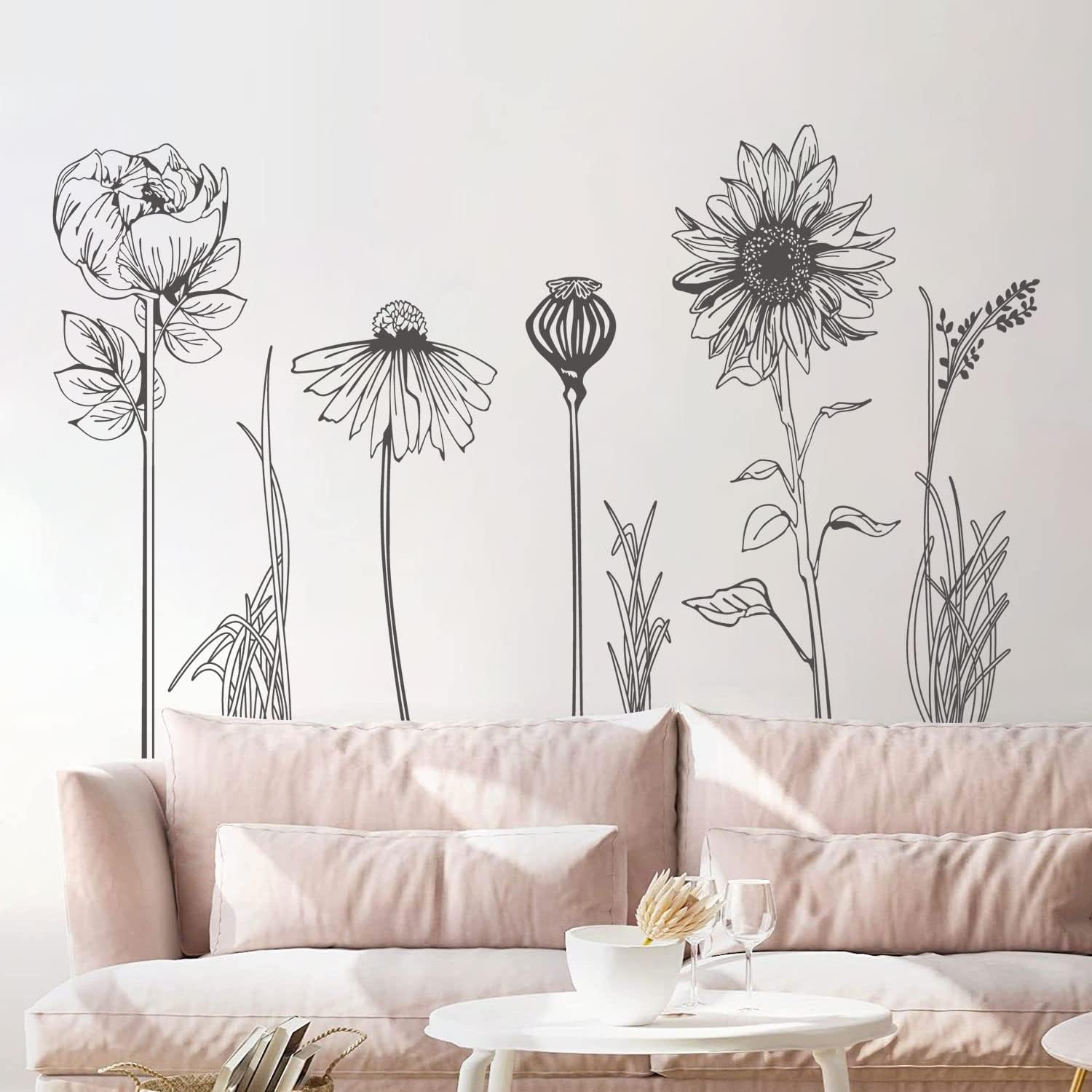 Large Black Boho Flower Wall Decals, 3 Sheets Simple Sketch Floral Wall Stickers Peony Wildflower Peel Stick Wall Art Decor Bedroom Home Room Office Garden Hall Adult Gifts for Mom(11.8x35.4 in/Sheet)