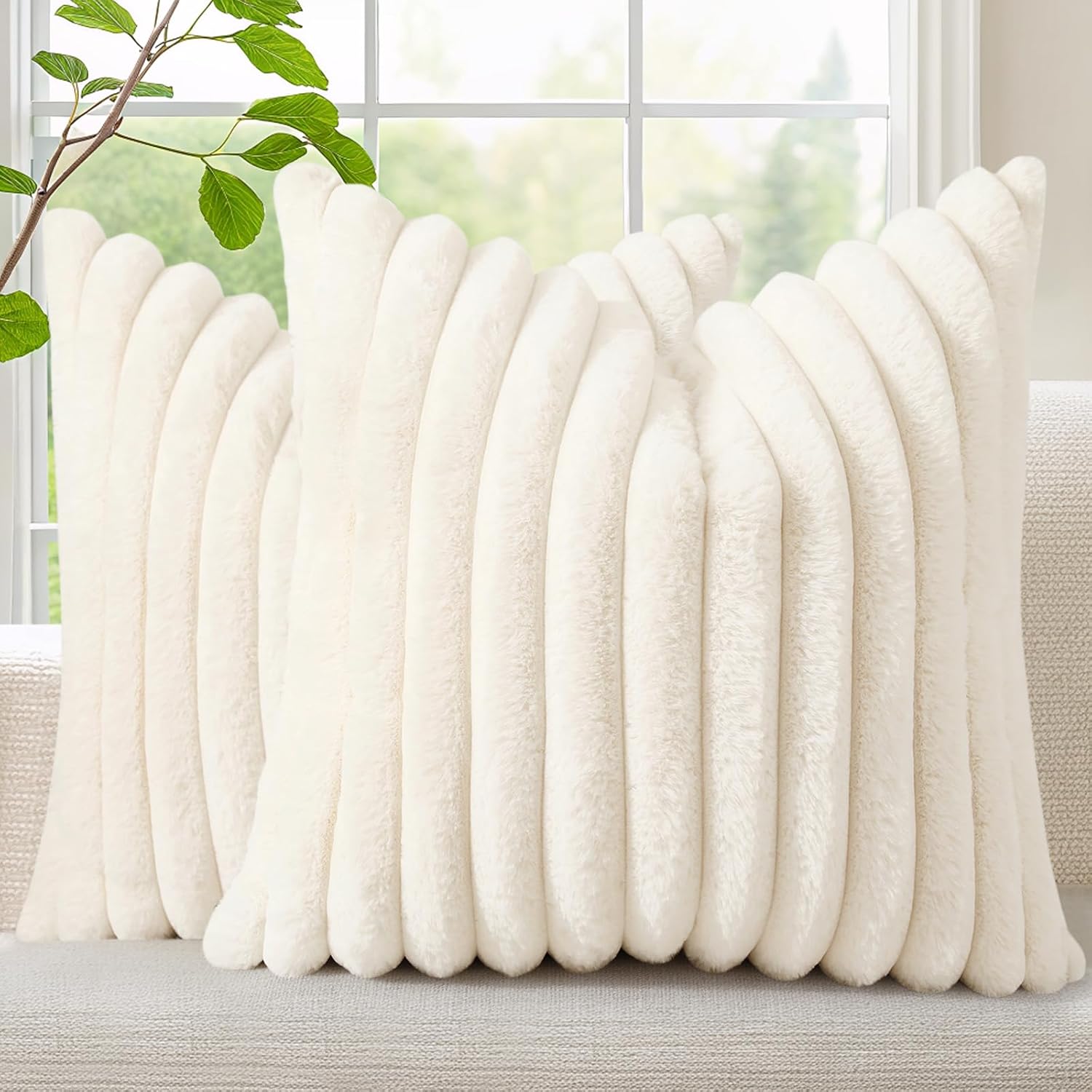 decorUhome Cozy Faux Fur Spring Throw Pillow Covers 18x18 Set of 2 Decorative Soft Plush Striped Modern Farmhouse Boho Couch Pillow Cases with Velvet Back for Sofa Bed Living Room, Cream White