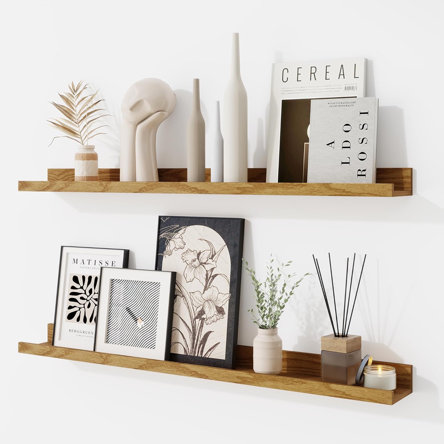 RICHFOCUS Picture Ledge Shelf, 36 inch Floating Shelves Set of 2, Wood Wall Shelves with Lip, Wall Decor Storage for Bedroom Living Room Bathroom Kitchen Nursery Photo Picture, Rustic Brown