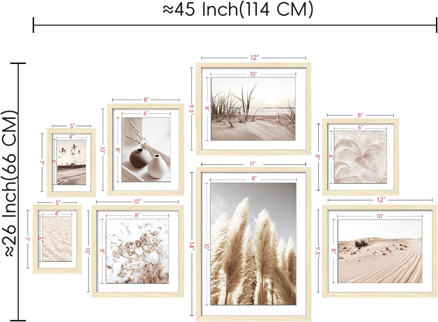 ArtbyHannah Gallery Wall Frame Set, 8 Pack Picture Frames Collage Wall Decor with Neutral Pampas Grass Art for Living Room, Assorted Size Including 11"x14", 8"x10", 5"x7"(Beige Frame)