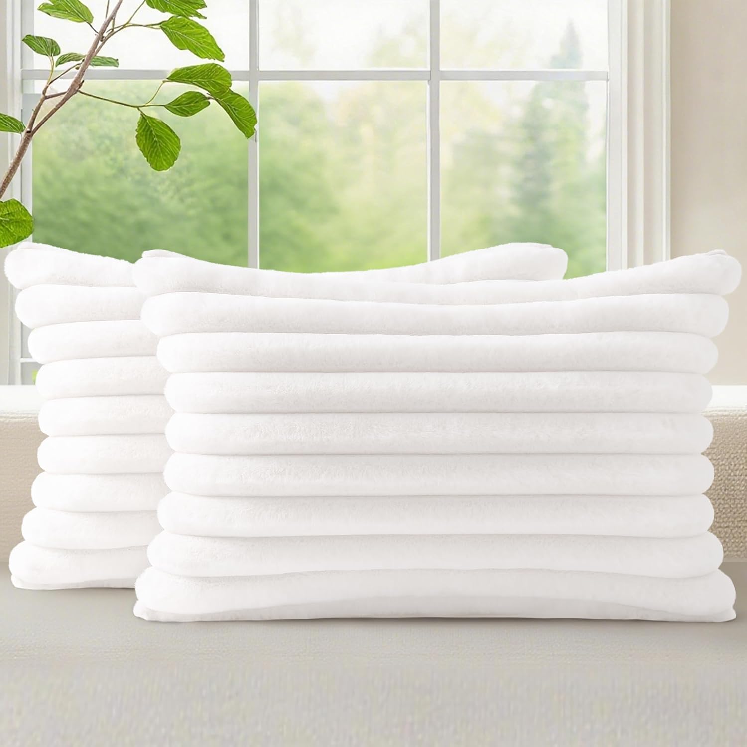 decorUhome Cozy Faux Fur Spring Throw Pillow Covers 18x18 Set of 2 Decorative Soft Plush Striped Modern Farmhouse Boho Couch Pillow Cases with Velvet Back for Sofa Bed Living Room, Cream White