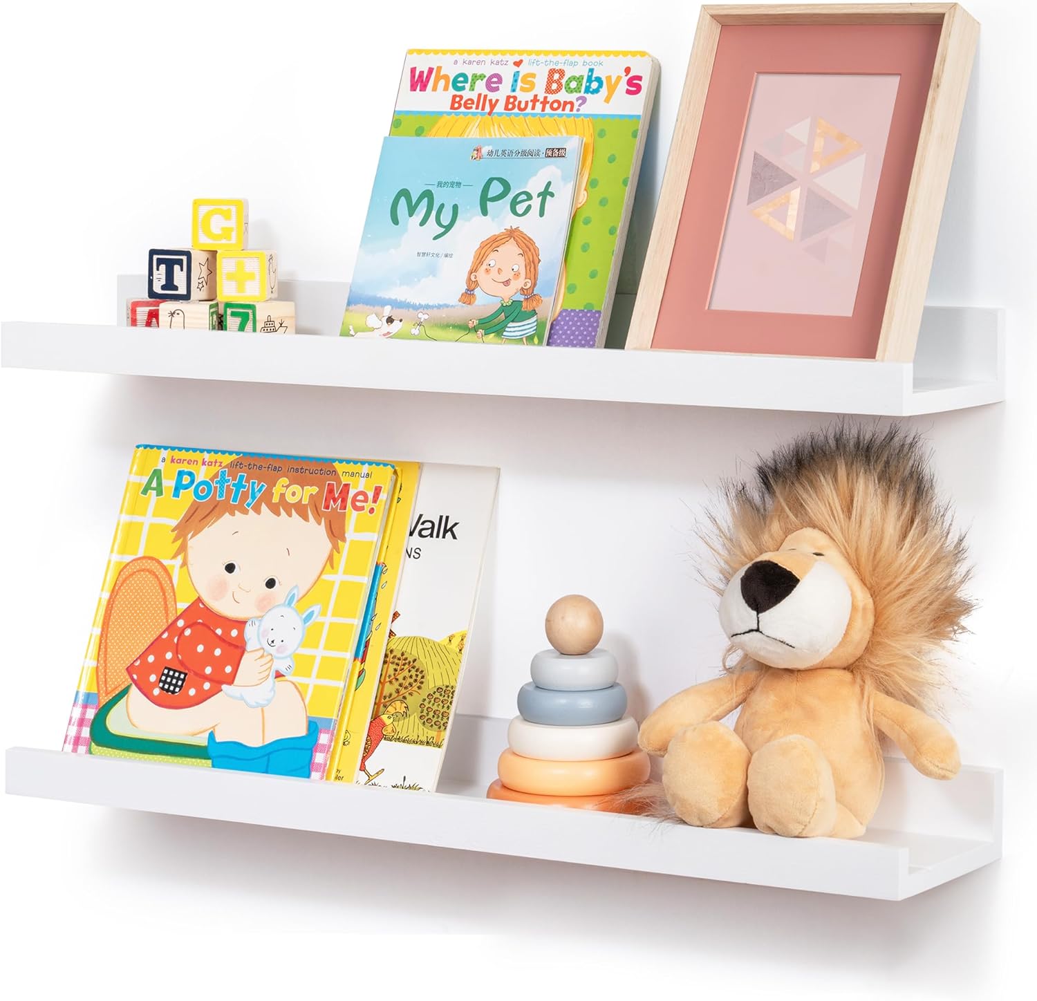 Picture Ledge Shelf, Floating Shelves Set of 2, Solid Pine Wood 72'' Long Large Nursery Book Shelves for Toys Storage, Kids Bookshelf for Living Room Bedroom Decor Books Photo Frames, White