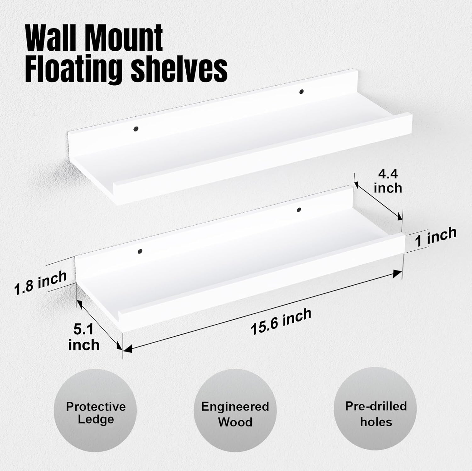 Floating Shelves Wall Mounted Set of 2, Modern White Shelves for Bedroom, Nursery Shelves with Lip, Display Picture Ledge Shelf for Wall Decor Living Room Bathroom Kitchen - White
