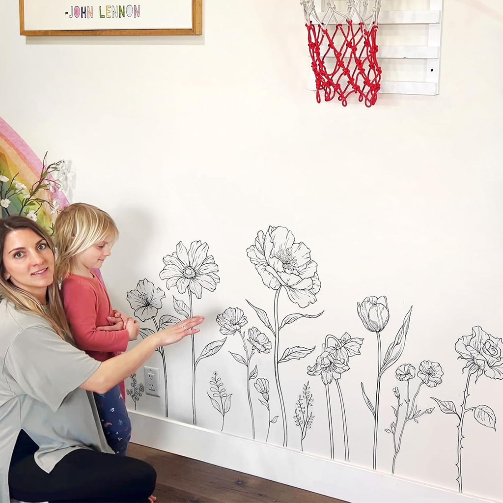 Large Black Boho Flower Wall Decals, 3 Sheets Simple Sketch Floral Wall Stickers Peony Wildflower Peel Stick Wall Art Decor Bedroom Home Room Office Garden Hall Adult Gifts for Mom(11.8x35.4 in/Sheet)