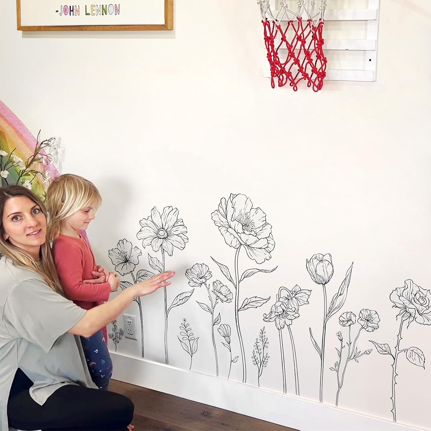 Large Black Boho Flower Wall Decals, 3 Sheets Simple Sketch Floral Wall Stickers Peony Wildflower Peel Stick Wall Art Decor Bedroom Home Room Office Garden Hall Adult Gifts for Mom(11.8x35.4 in/Sheet)