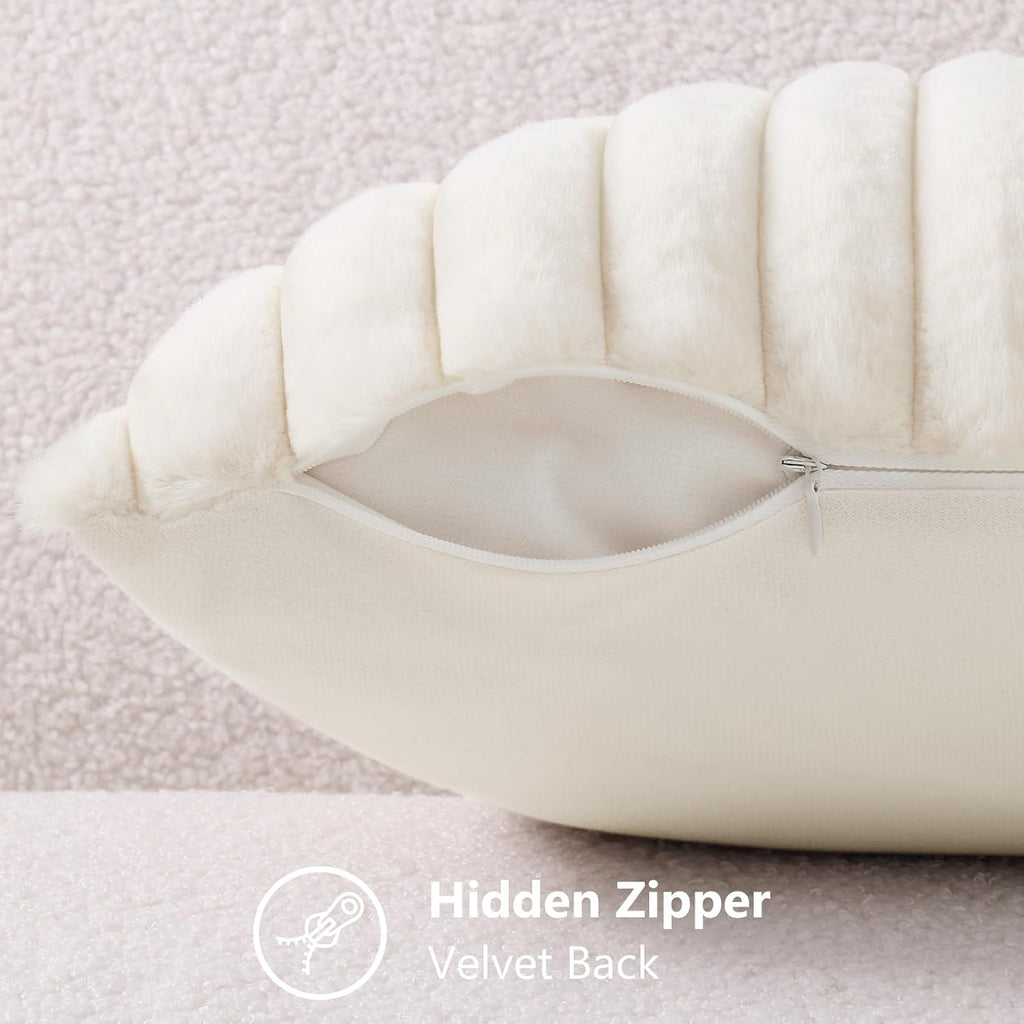 decorUhome Cozy Faux Fur Spring Throw Pillow Covers 18x18 Set of 2 Decorative Soft Plush Striped Modern Farmhouse Boho Couch Pillow Cases with Velvet Back for Sofa Bed Living Room, Cream White