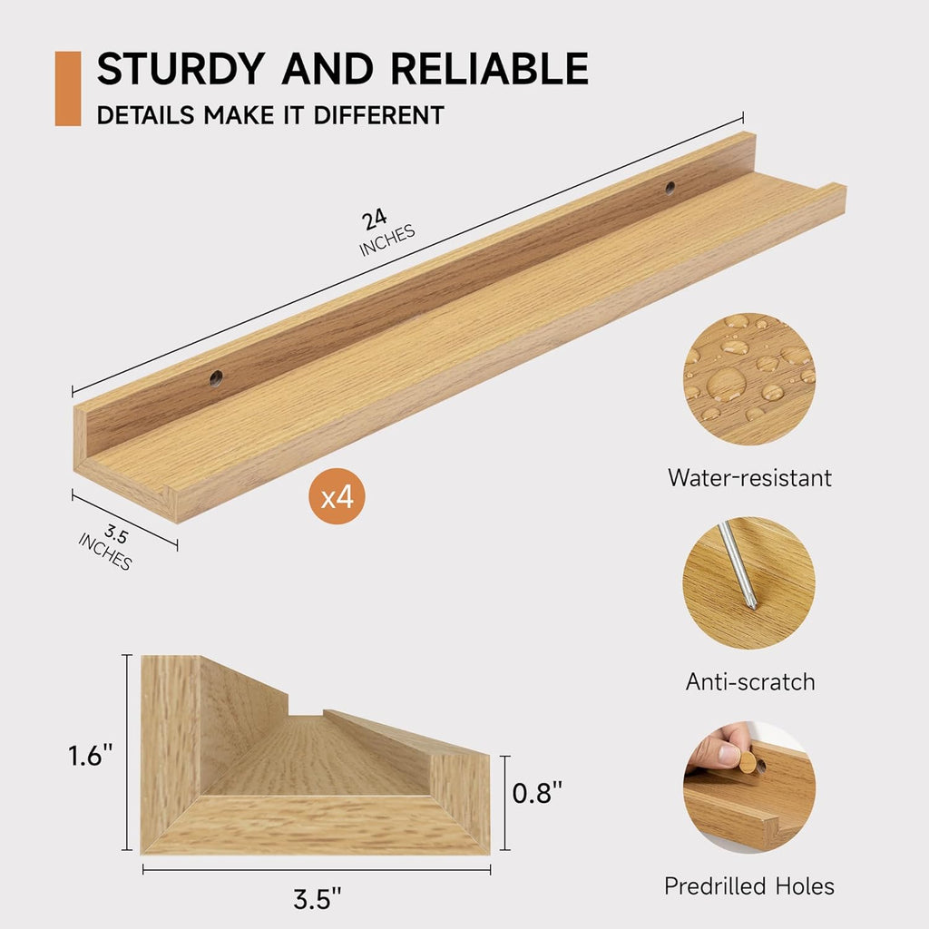 Fun Memories Picture Ledge Shelf for Wall, Floating Shelves Set of 4, 24 Inch Long Nursery Book Shelves for Toys Storage, Kids Bookshelf Wall Mounted for Books Photo Frames, Oak