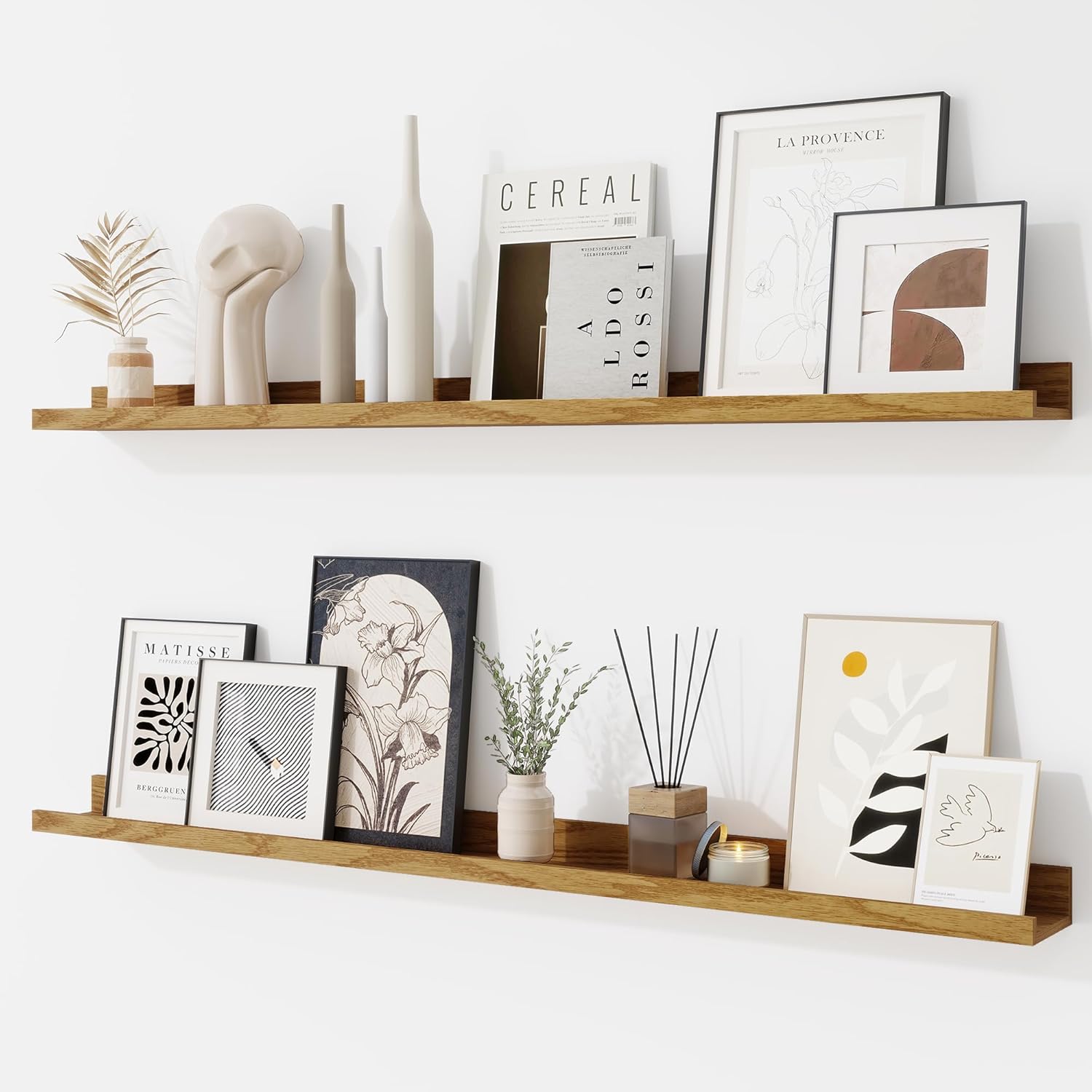 RICHFOCUS Picture Ledge Shelf, 36 inch Floating Shelves Set of 2, Wood Wall Shelves with Lip, Wall Decor Storage for Bedroom Living Room Bathroom Kitchen Nursery Photo Picture, Rustic Brown