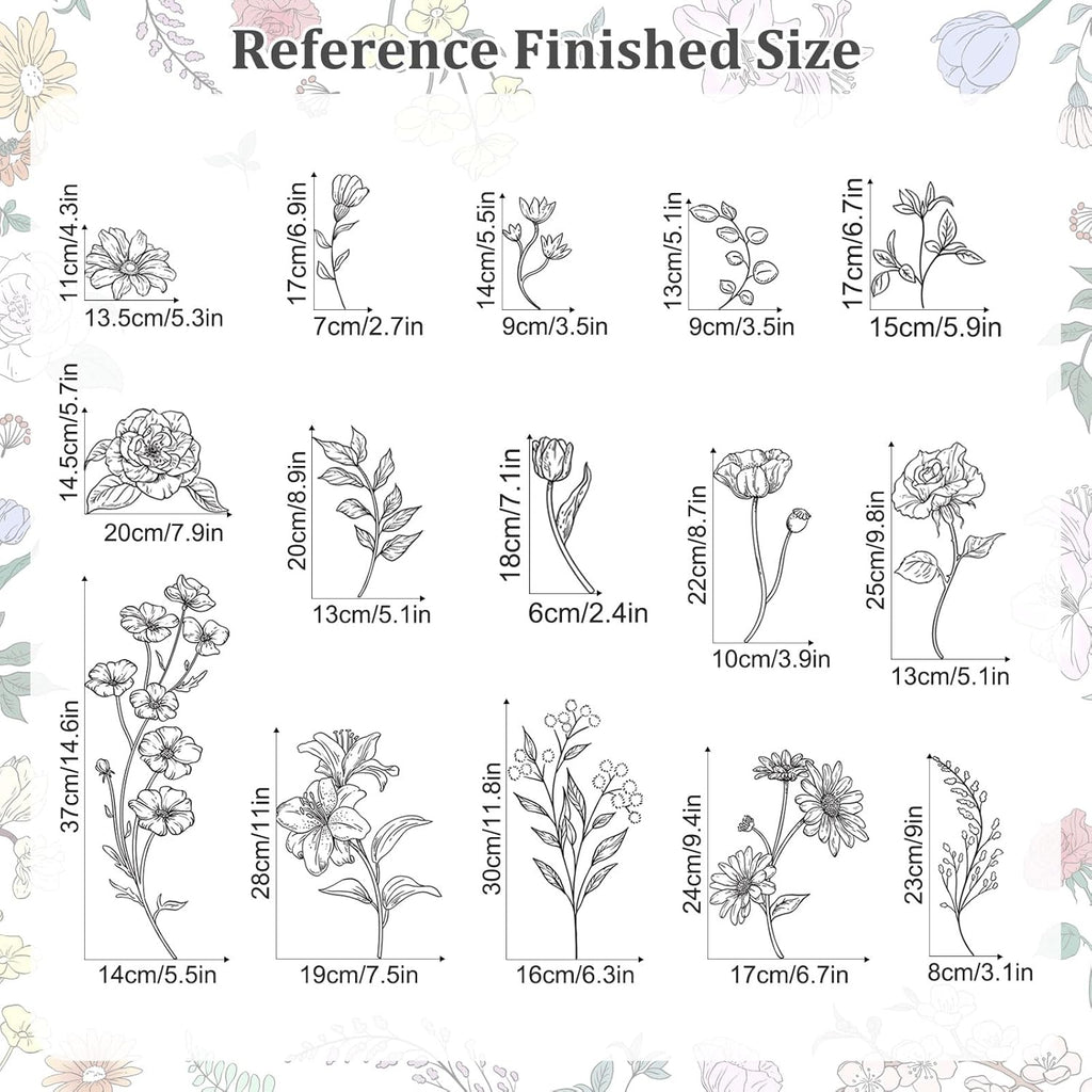 Retro Sketch Wildflower Wall Stickers, 15 Sheets Garden Floral Wall Decals DIY Peel and Stick Wall Decal Self Adhesive Wall Art Decor for Bedroom Office Sofa TV Backdrop