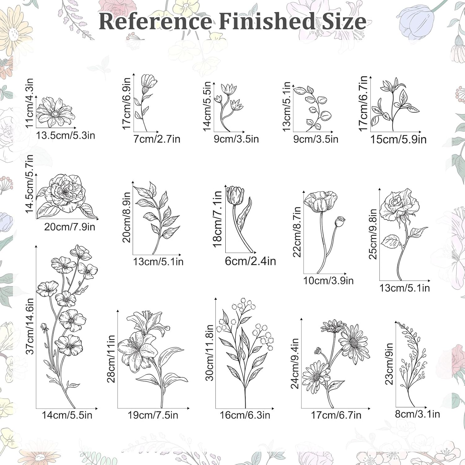 Retro Sketch Wildflower Wall Stickers, 15 Sheets Garden Floral Wall Decals DIY Peel and Stick Wall Decal Self Adhesive Wall Art Decor for Bedroom Office Sofa TV Backdrop