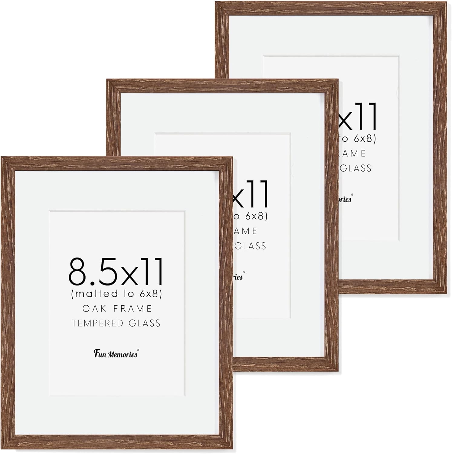 Fun Memories 11x14 Wood Picture Frame, Set of 3, Natural Oak Frame 11 x 14 with Tempered Glass, 8x10 Matted to Wood, Farmhousr Rustic Wooden Poster 11x14, Walnut Color