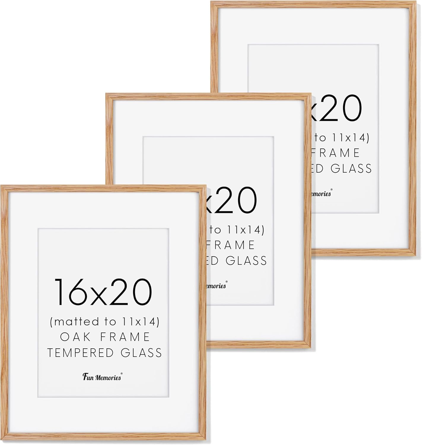Fun Memories 11x14 Wood Picture Frame, Set of 3, Natural Oak Frame 11 x 14 with Tempered Glass, 8x10 Matted to Wood, Farmhousr Rustic Wooden Poster 11x14, Walnut Color