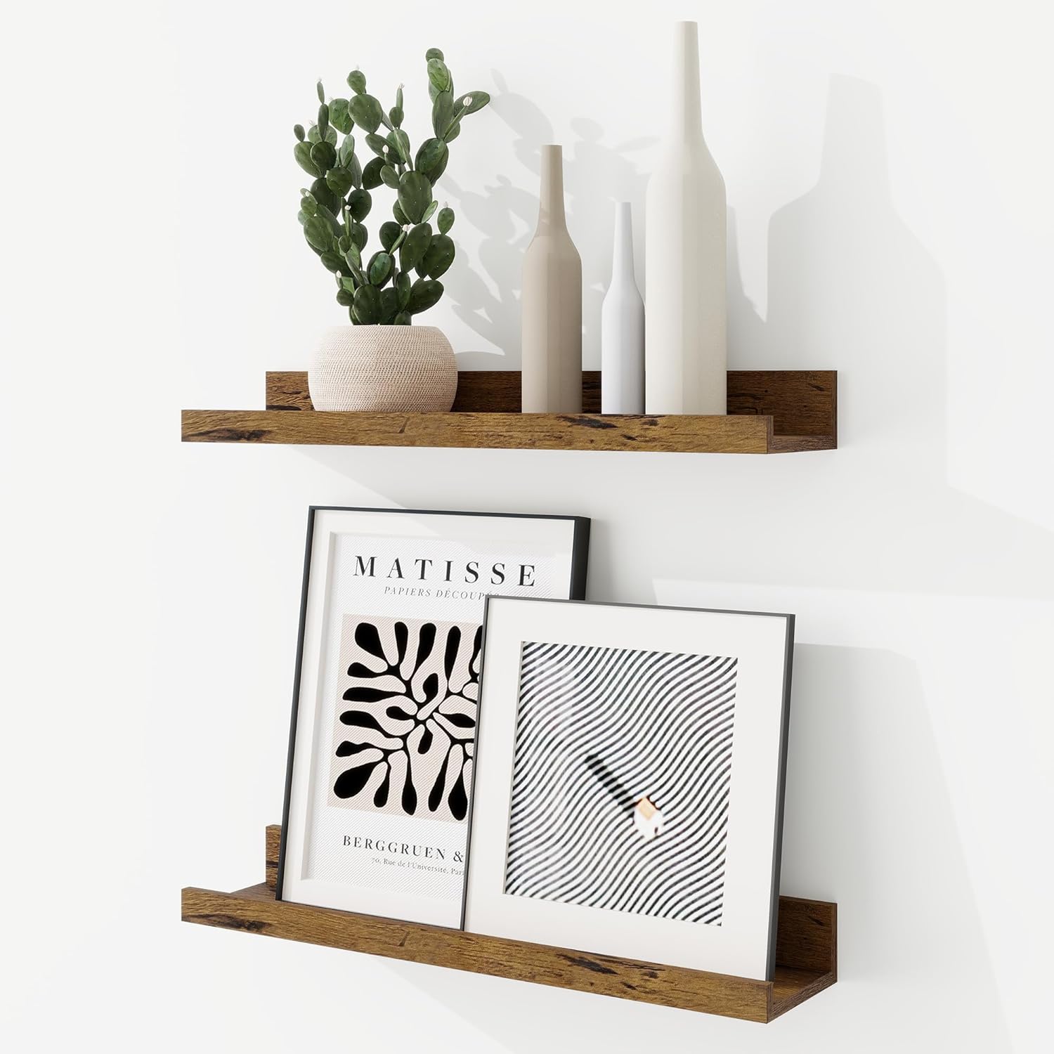 RICHFOCUS Picture Ledge Shelf, 36 inch Floating Shelves Set of 2, Wood Wall Shelves with Lip, Wall Decor Storage for Bedroom Living Room Bathroom Kitchen Nursery Photo Picture, Rustic Brown