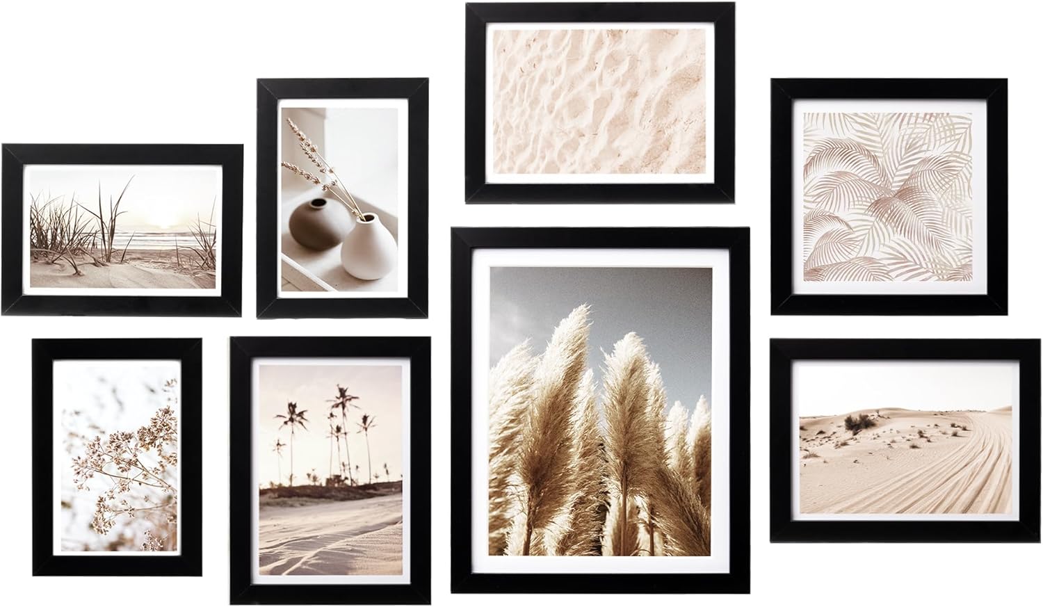 ArtbyHannah Gallery Wall Frame Set, 8 Pack Picture Frames Collage Wall Decor with Neutral Pampas Grass Art for Living Room, Assorted Size Including 11"x14", 8"x10", 5"x7"(Beige Frame)