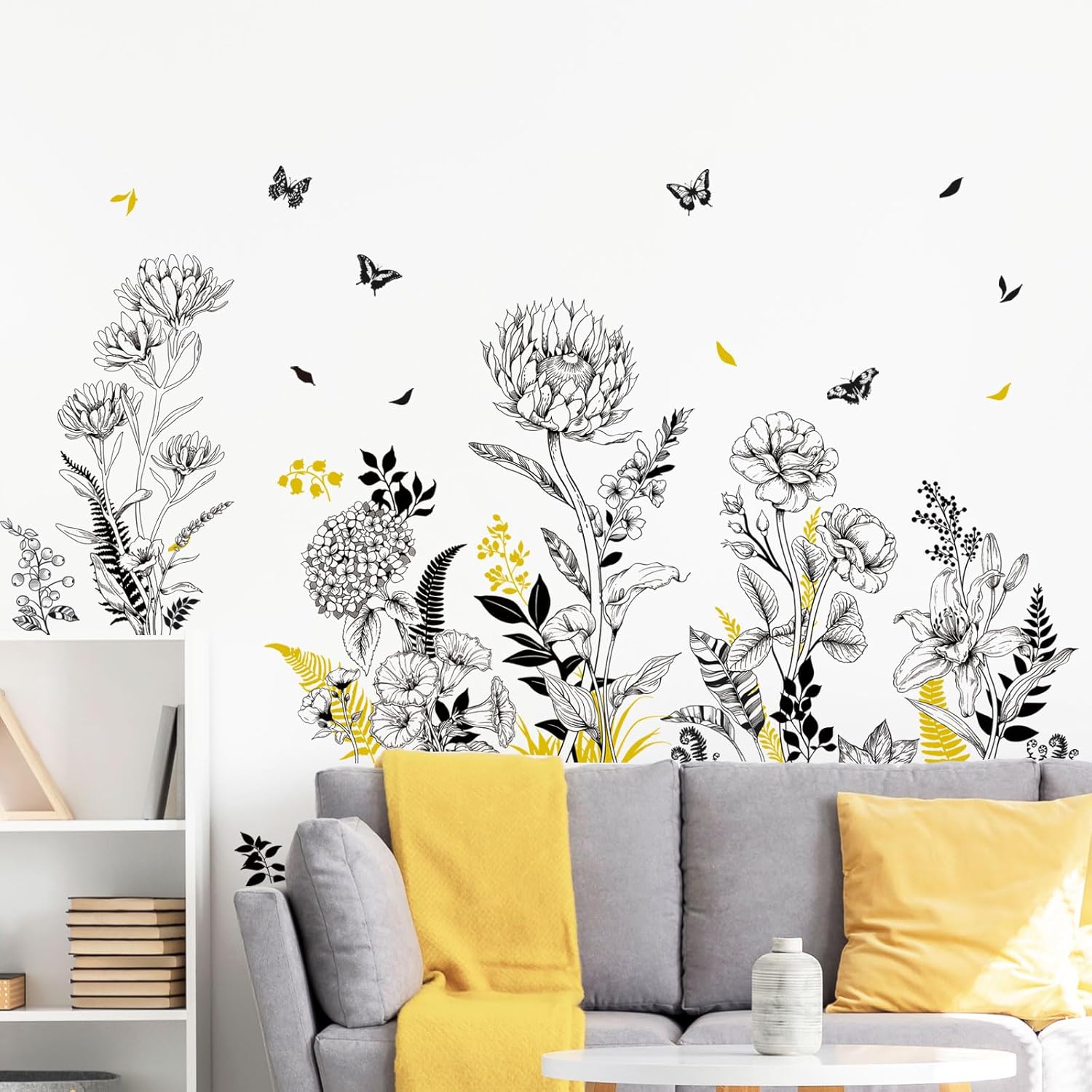 Large Black Boho Flower Wall Decals, 3 Sheets Simple Sketch Floral Wall Stickers Peony Wildflower Peel Stick Wall Art Decor Bedroom Home Room Office Garden Hall Adult Gifts for Mom(11.8x35.4 in/Sheet)