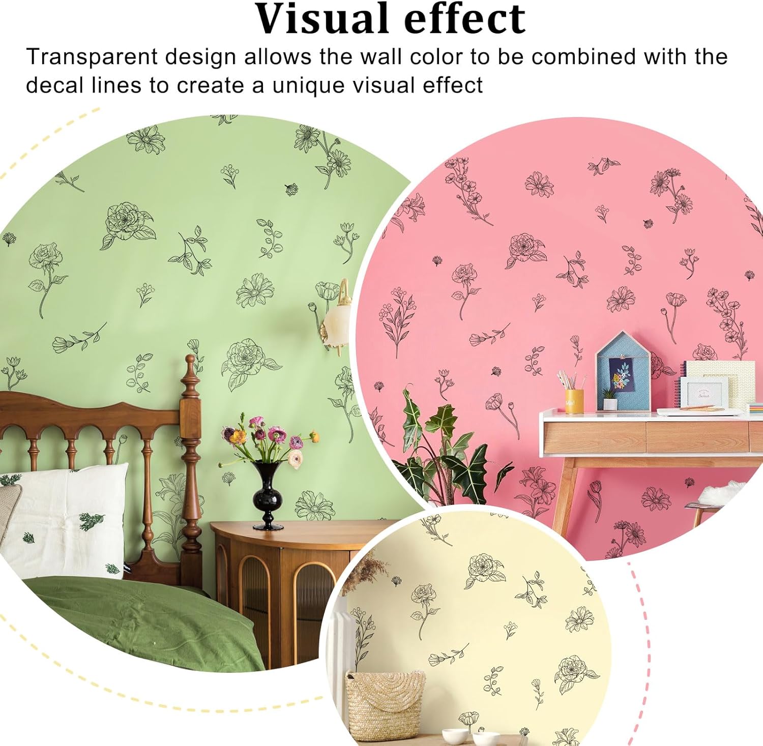 Retro Sketch Wildflower Wall Stickers, 15 Sheets Garden Floral Wall Decals DIY Peel and Stick Wall Decal Self Adhesive Wall Art Decor for Bedroom Office Sofa TV Backdrop