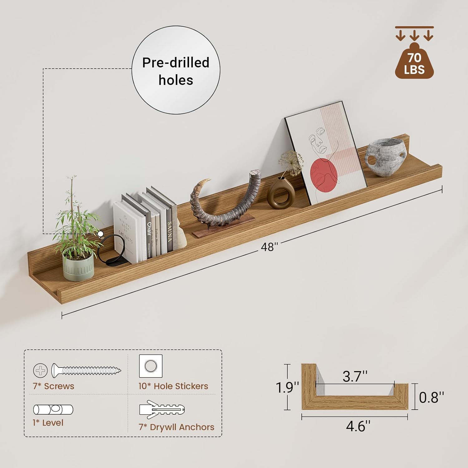 Heimlove Picture Ledge Shelf,48 inch Long Floating Shelves for Wall Set of 2,Picture Shelf with Lip for Wall Decor,Living Room,Bedroom,Bookshelf,Nursery,Perfume,Oak Color