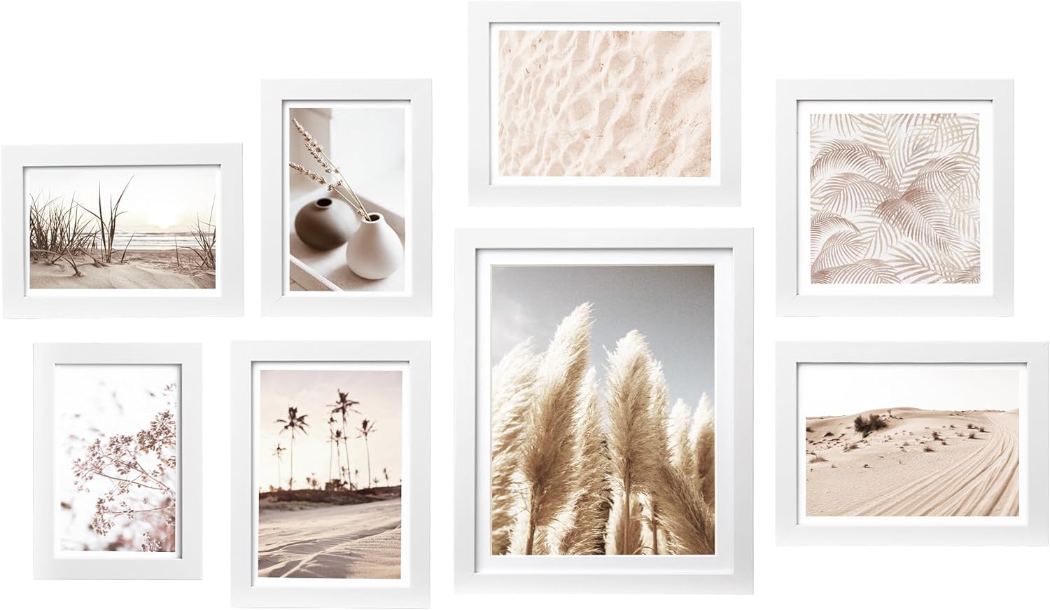 ArtbyHannah Gallery Wall Frame Set, 8 Pack Picture Frames Collage Wall Decor with Neutral Pampas Grass Art for Living Room, Assorted Size Including 11"x14", 8"x10", 5"x7"(Beige Frame)
