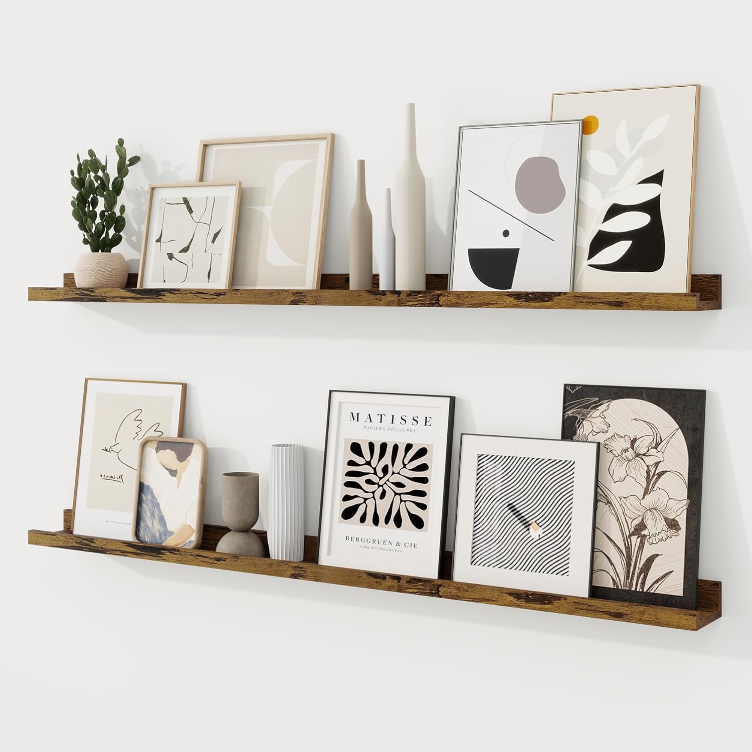 RICHFOCUS Picture Ledge Shelf, 36 inch Floating Shelves Set of 2, Wood Wall Shelves with Lip, Wall Decor Storage for Bedroom Living Room Bathroom Kitchen Nursery Photo Picture, Rustic Brown