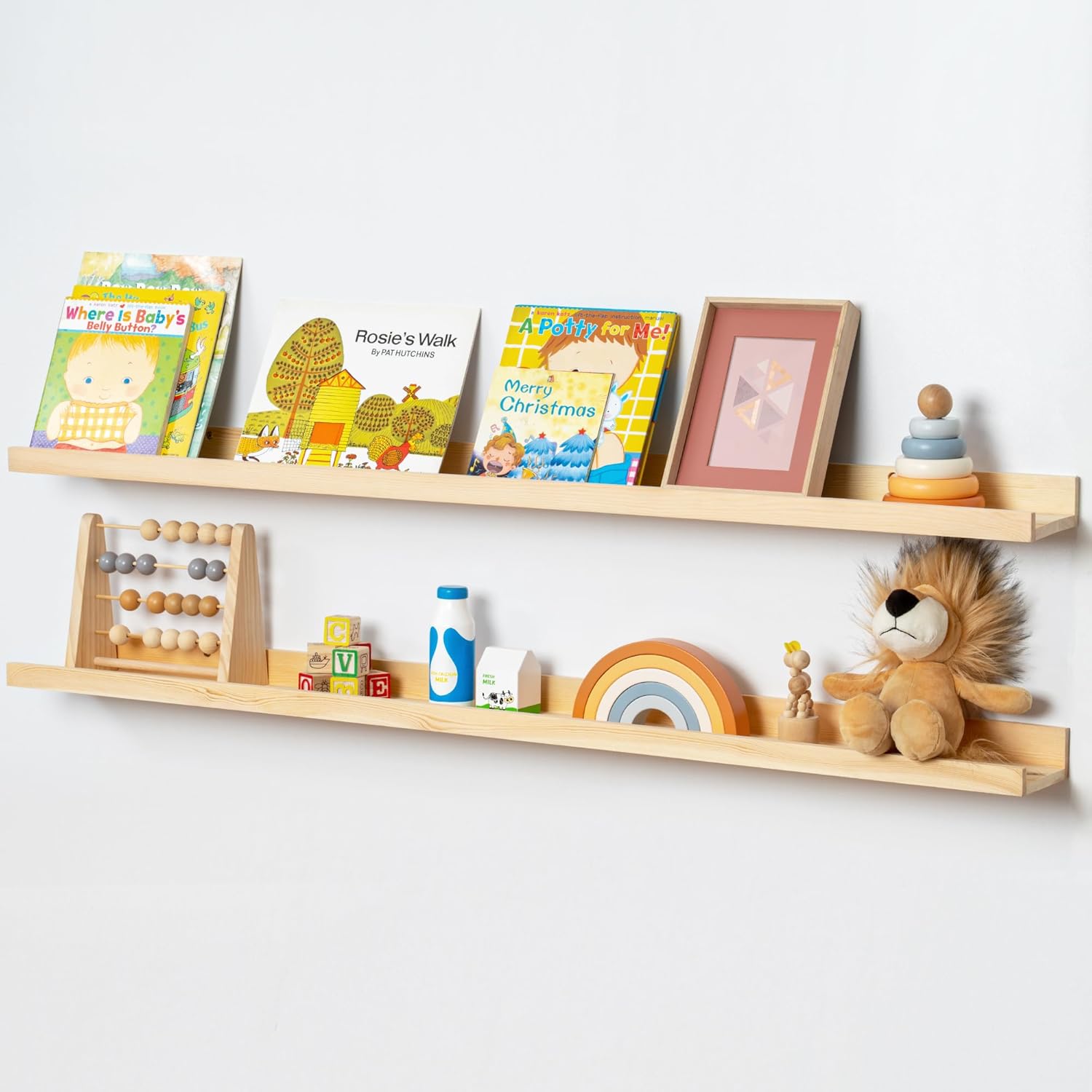 Picture Ledge Shelf, Floating Shelves Set of 2, Solid Pine Wood 72'' Long Large Nursery Book Shelves for Toys Storage, Kids Bookshelf for Living Room Bedroom Decor Books Photo Frames, White