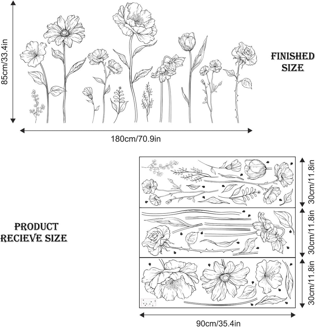 Large Black Boho Flower Wall Decals, 3 Sheets Simple Sketch Floral Wall Stickers Peony Wildflower Peel Stick Wall Art Decor Bedroom Home Room Office Garden Hall Adult Gifts for Mom(11.8x35.4 in/Sheet)