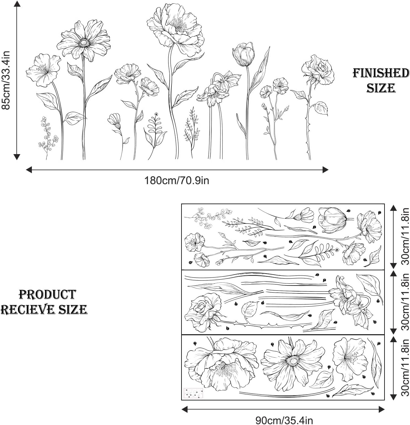 Large Black Boho Flower Wall Decals, 3 Sheets Simple Sketch Floral Wall Stickers Peony Wildflower Peel Stick Wall Art Decor Bedroom Home Room Office Garden Hall Adult Gifts for Mom(11.8x35.4 in/Sheet)