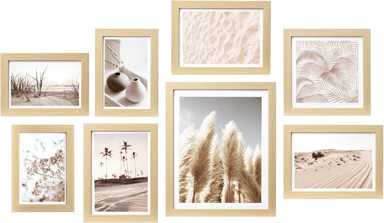 ArtbyHannah Gallery Wall Frame Set, 8 Pack Picture Frames Collage Wall Decor with Neutral Pampas Grass Art for Living Room, Assorted Size Including 11"x14", 8"x10", 5"x7"(Beige Frame)