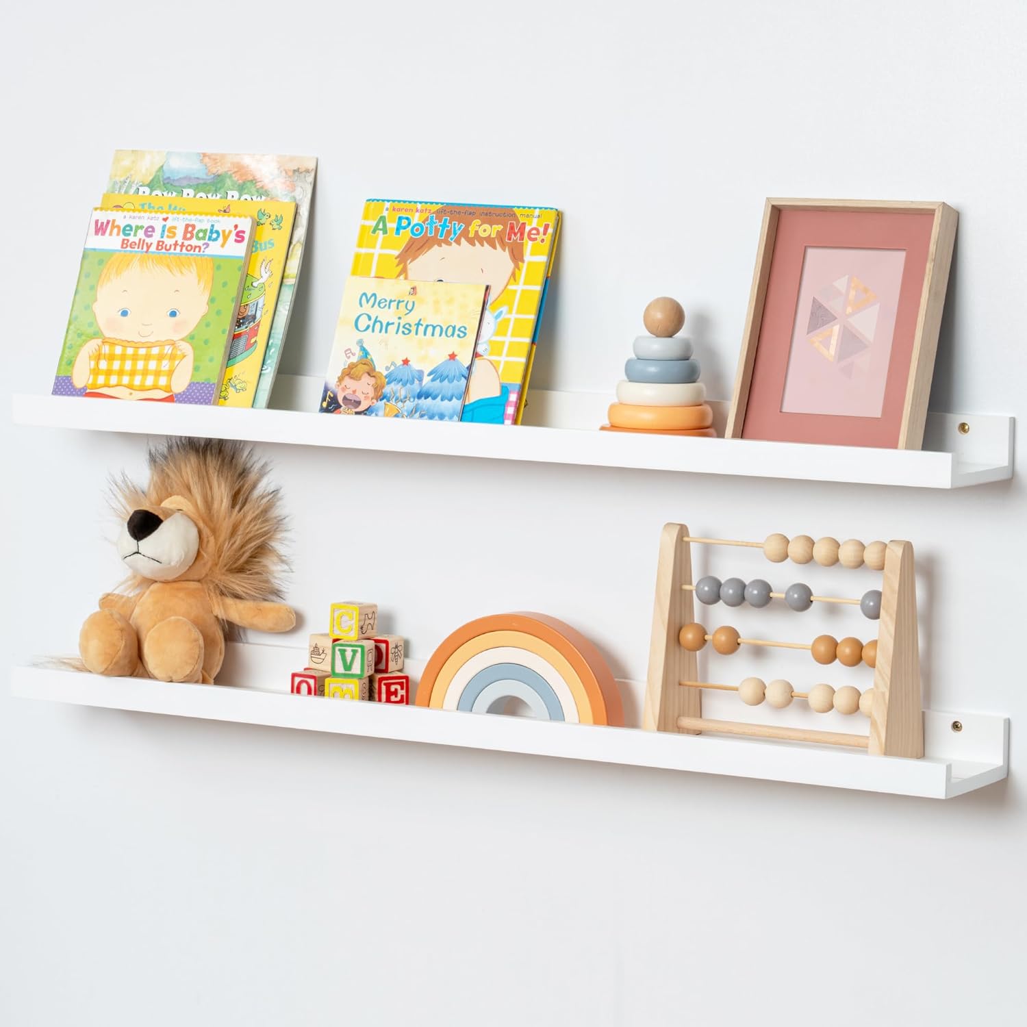 Picture Ledge Shelf, Floating Shelves Set of 2, Solid Pine Wood 72'' Long Large Nursery Book Shelves for Toys Storage, Kids Bookshelf for Living Room Bedroom Decor Books Photo Frames, White