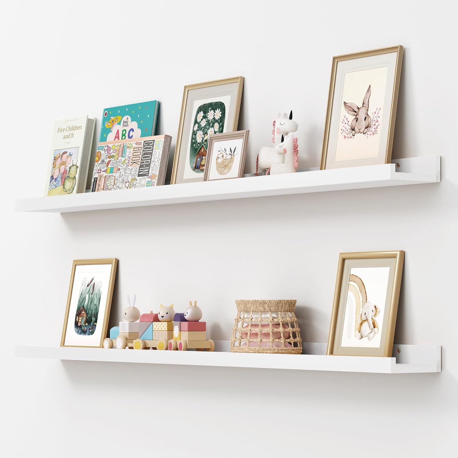 Picture Ledge Shelf, Floating Shelves Set of 2, Solid Pine Wood 72'' Long Large Nursery Book Shelves for Toys Storage, Kids Bookshelf for Living Room Bedroom Decor Books Photo Frames, White