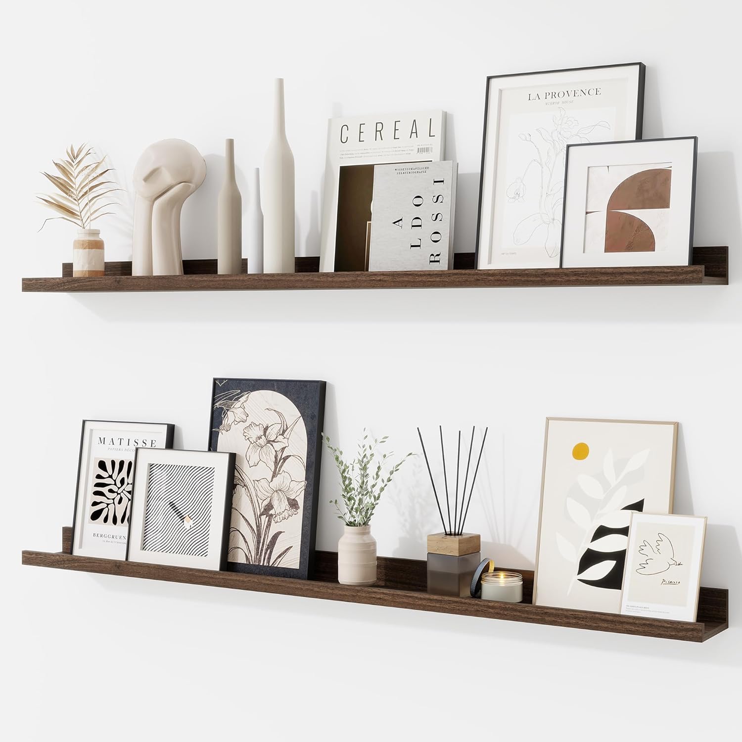 RICHFOCUS Picture Ledge Shelf, 36 inch Floating Shelves Set of 2, Wood Wall Shelves with Lip, Wall Decor Storage for Bedroom Living Room Bathroom Kitchen Nursery Photo Picture, Rustic Brown