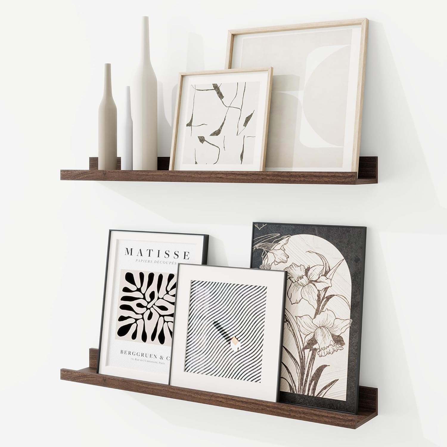 RICHFOCUS Picture Ledge Shelf, 36 inch Floating Shelves Set of 2, Wood Wall Shelves with Lip, Wall Decor Storage for Bedroom Living Room Bathroom Kitchen Nursery Photo Picture, Rustic Brown