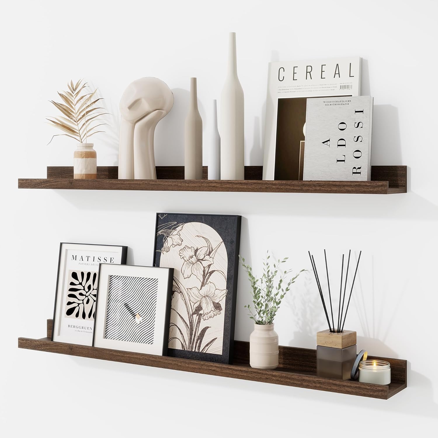 RICHFOCUS Picture Ledge Shelf, 36 inch Floating Shelves Set of 2, Wood Wall Shelves with Lip, Wall Decor Storage for Bedroom Living Room Bathroom Kitchen Nursery Photo Picture, Rustic Brown