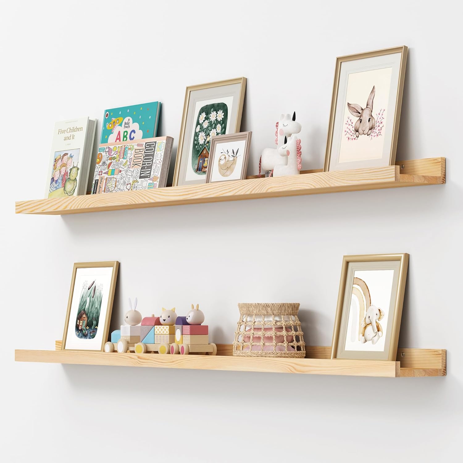 Picture Ledge Shelf, Floating Shelves Set of 2, Solid Pine Wood 72'' Long Large Nursery Book Shelves for Toys Storage, Kids Bookshelf for Living Room Bedroom Decor Books Photo Frames, White