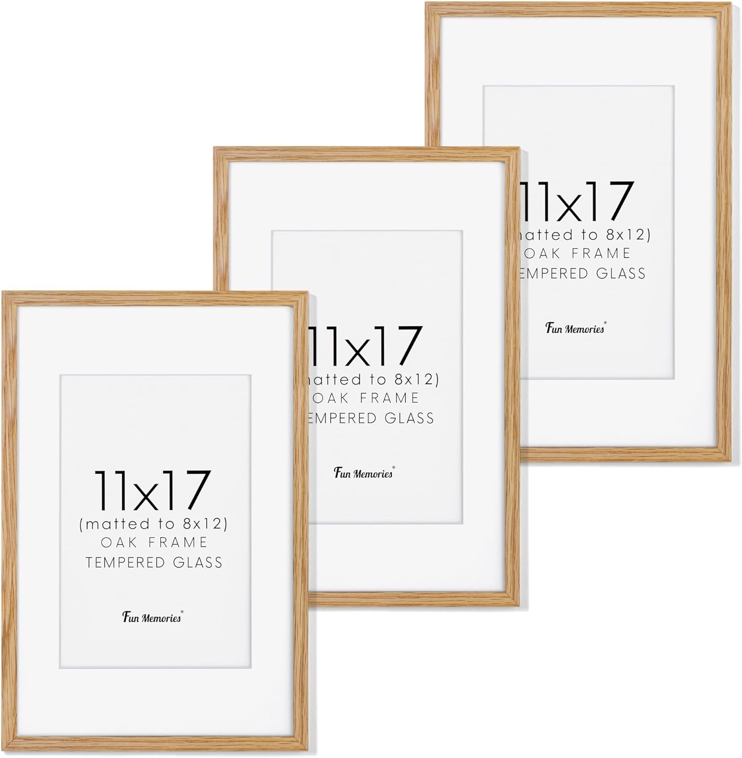 Fun Memories 11x14 Wood Picture Frame, Set of 3, Natural Oak Frame 11 x 14 with Tempered Glass, 8x10 Matted to Wood, Farmhousr Rustic Wooden Poster 11x14, Walnut Color