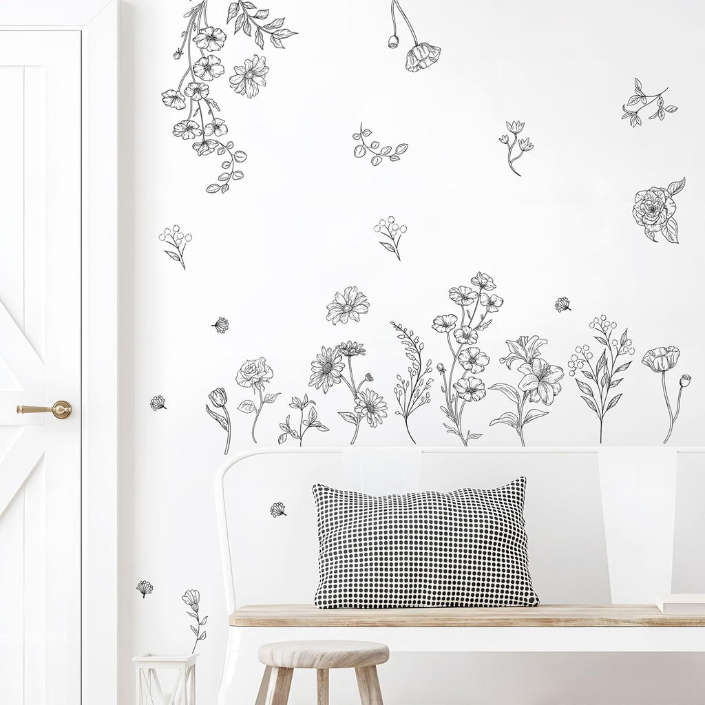 Retro Sketch Wildflower Wall Stickers, 15 Sheets Garden Floral Wall Decals DIY Peel and Stick Wall Decal Self Adhesive Wall Art Decor for Bedroom Office Sofa TV Backdrop