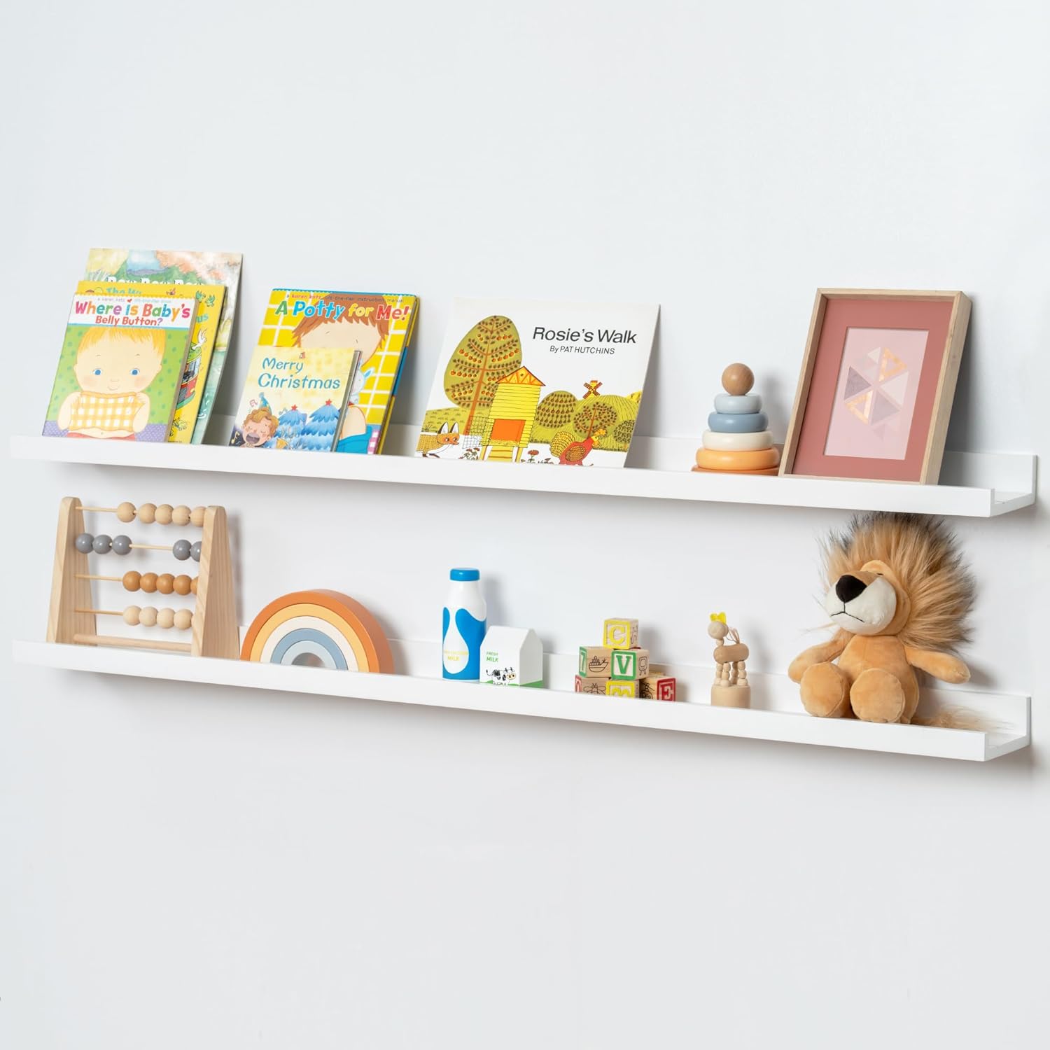 Picture Ledge Shelf, Floating Shelves Set of 2, Solid Pine Wood 72'' Long Large Nursery Book Shelves for Toys Storage, Kids Bookshelf for Living Room Bedroom Decor Books Photo Frames, White
