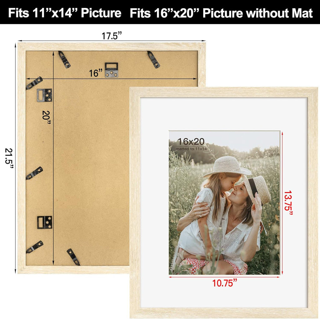 16x20 Picture Frame with Mat for 11x14 Set of 3, Natural Wood Grain 16x20 Frames for Wall Mounting (3 Pack, Natural)