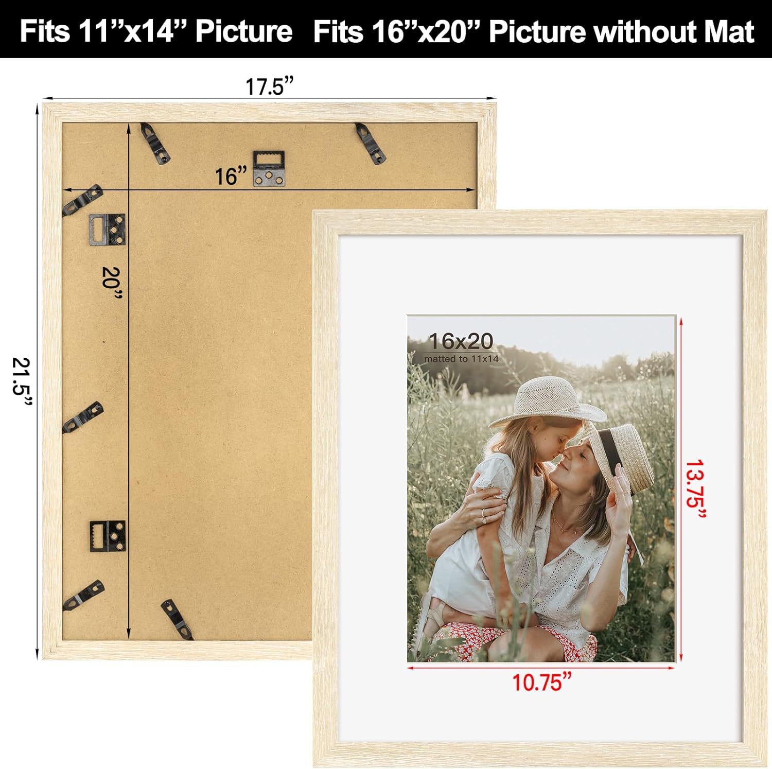 16x20 Picture Frame with Mat for 11x14 Set of 3, Natural Wood Grain 16x20 Frames for Wall Mounting (3 Pack, Natural)
