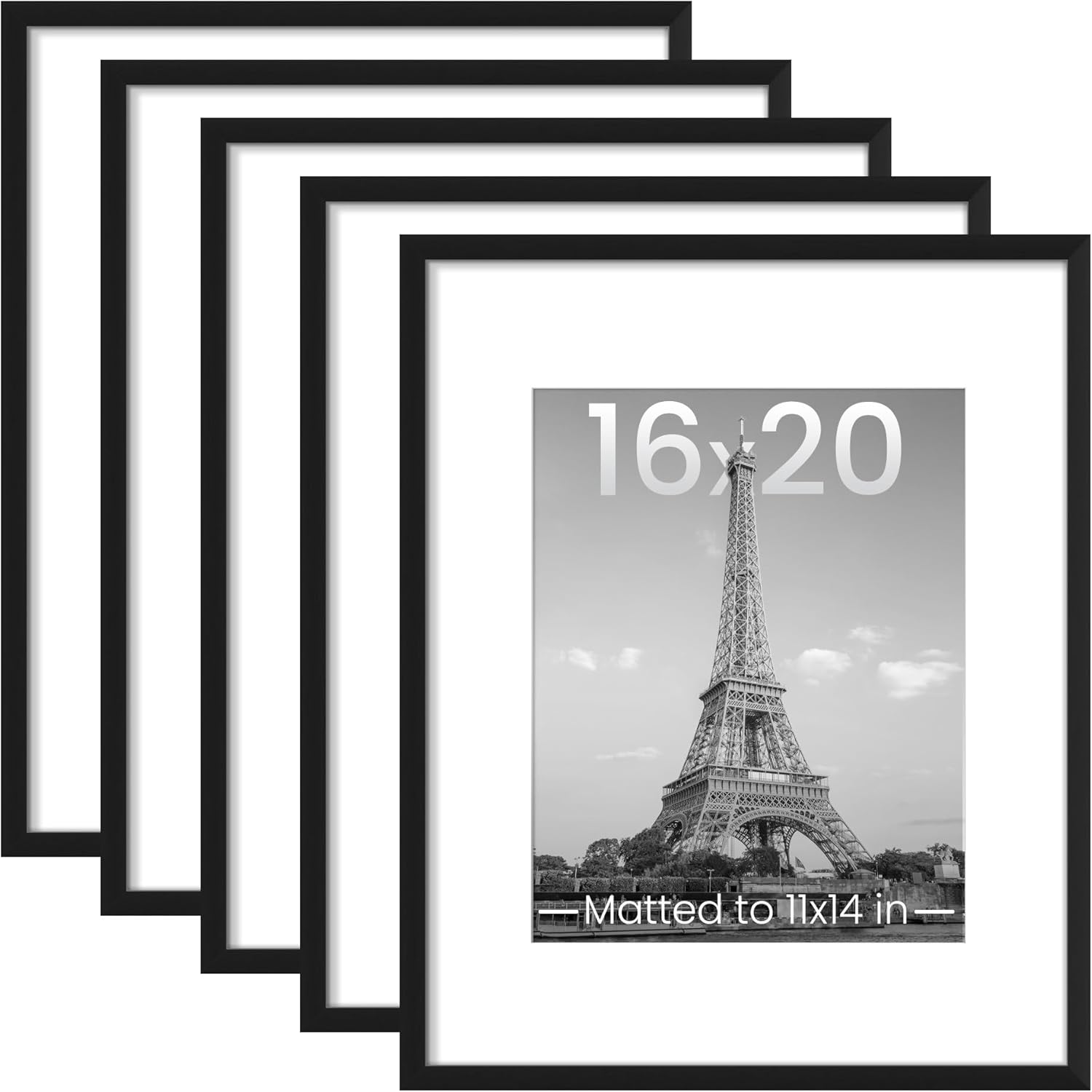 upsimples 11x14 Picture Frame Set of 5, Display Pictures 8x10 with Mat or 11x14 Without Mat, Wall Gallery Photo Frames, Black