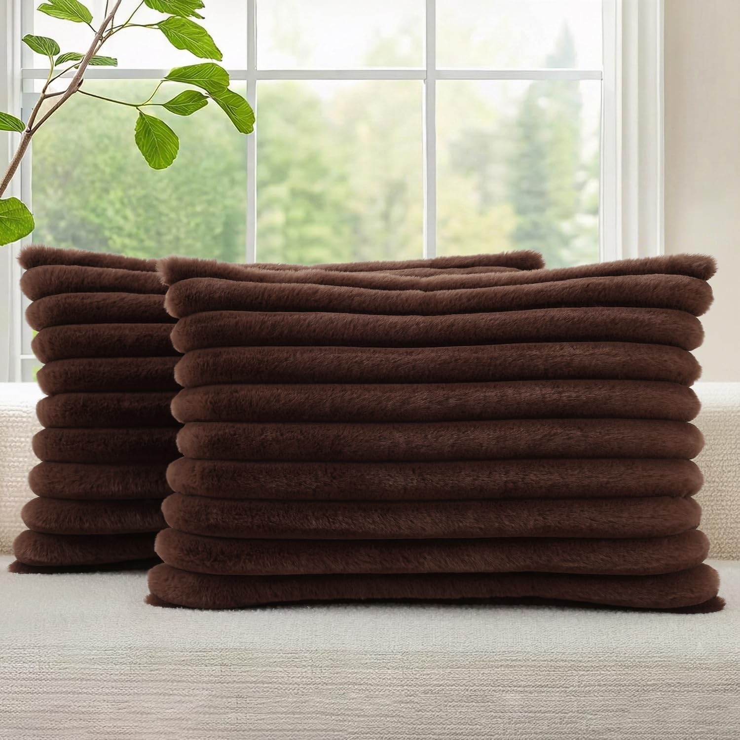 decorUhome Cozy Faux Fur Spring Throw Pillow Covers 18x18 Set of 2 Decorative Soft Plush Striped Modern Farmhouse Boho Couch Pillow Cases with Velvet Back for Sofa Bed Living Room, Cream White